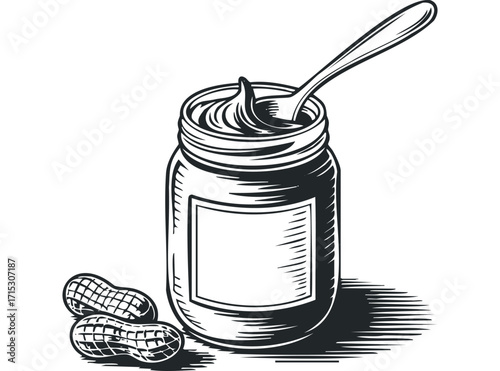 Open Jar of Peanut Butter with Spoon and Peanuts. Vector hand drawn