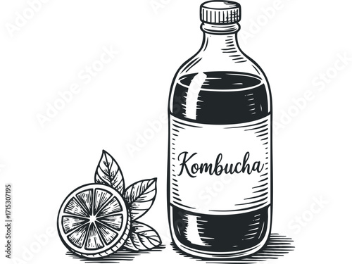 Kombucha bottle with lemon slice and leaves. Vector hand drawn