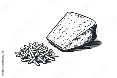 Food ingredient image of cheese block and shredded cheese. Vector hand drawn