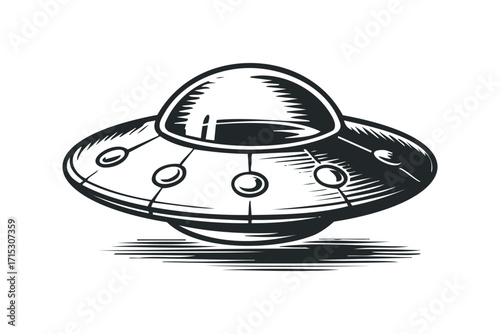 Flying saucer with dome and lights isolated on transparent. Vector hand drawn
