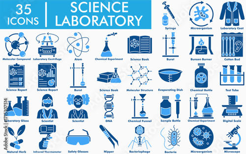 Science and laboratory two colour icon set. Including microscope, DNA, bacteria, chemical experiment, molecular structure, scientist, test tube, and laboratory equipment symbols.
