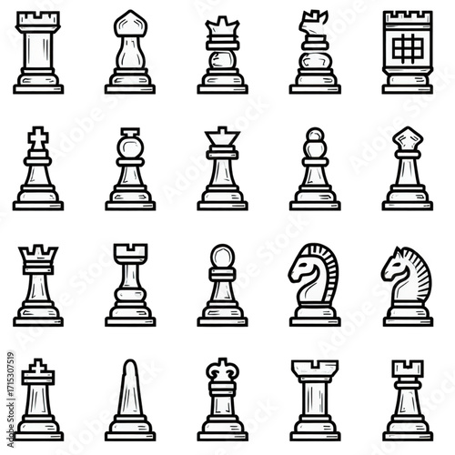 Set of Twenty Hand Drawn Chess Figure Icons.