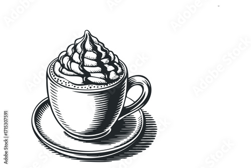 Espresso with whipped cream and drizzle on saucer. Vector hand drawn