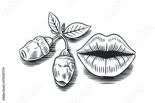 Stylized lips and seed pods on transparent background. Vector hand drawn