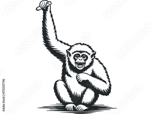 Happy monkey raising arm transparent. Vector hand drawn