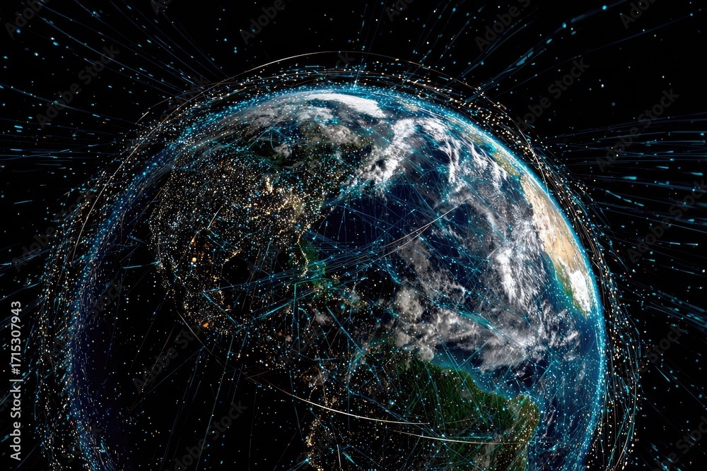 Obraz premium Global network visualized on Earth, showing connections and data flow