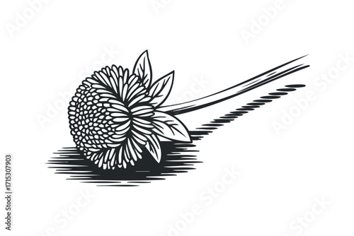 Simple Line Drawing of a Flower Head with Leaves. Vector hand drawn
