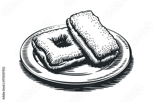 Two toasted bread slices on a plate. Vector hand drawn