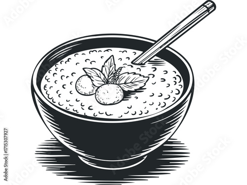 Food sketch of oatmeal with blueberries and spoon. Vector hand drawn