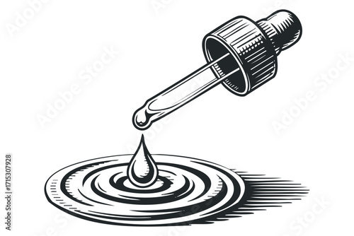 Droplet falling from pipette onto ripple surface in engraving style. Vector hand drawn