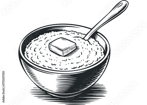 Bowl of oatmeal with butter and spoon. Vector hand drawn