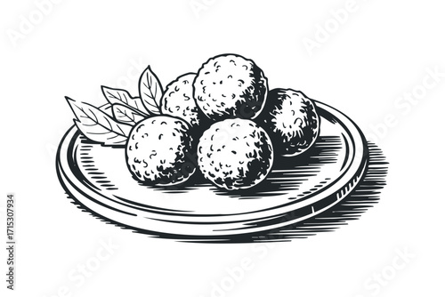 Meatball image with leaves on plate. Vector hand drawn