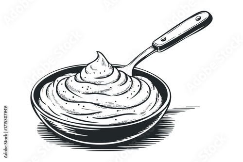 Bowl of whipped cream with spoon transparent. Vector hand drawn