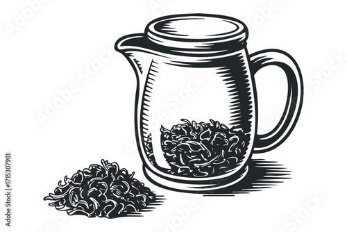 Black and white sketch of a tea pot with loose tea leaves. Vector hand drawn