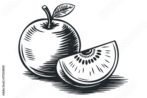 Whole and Sliced Apple with Leaf on Transparent. Vector hand drawn