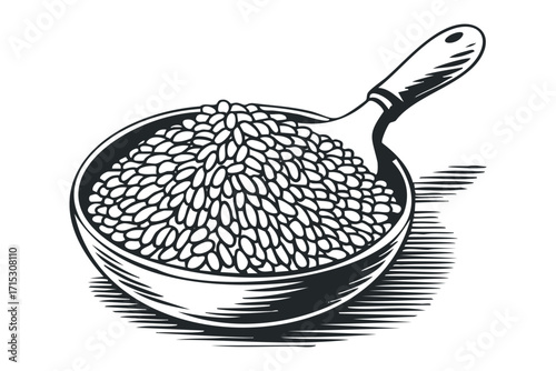 Bowl of grains with spoon on transparent background. Vector hand drawn