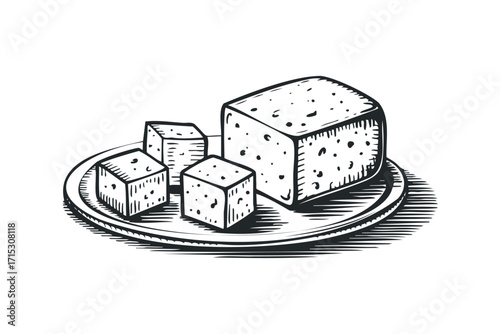 Cheese block and cubes on plate. Vector hand drawn