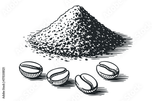 Pile of coffee grounds with beans. Vector hand drawn