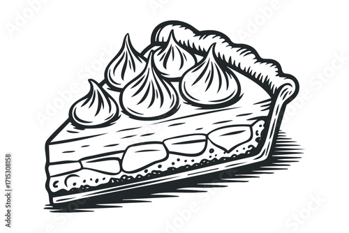 Black and white slice of pie with meringue. Vector hand drawn