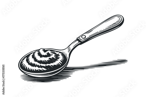 Spoon with Mustard on Transparent Background. Vector hand drawn