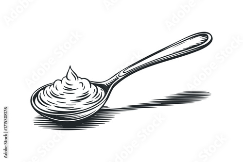 Engraved Spoon Full of Creamy Substance. Vector hand drawn