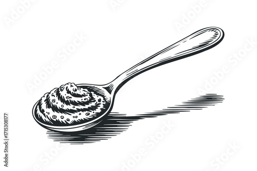 Engraved Spoon Filled With Textured Mustard Sauce Isolated. Vector hand drawn