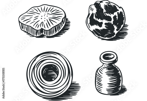 Four vintage style sketches of assorted items on transparent background. Vector hand drawn