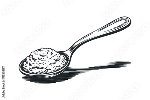 Spoon filled with textured food on transparent background. Vector hand drawn