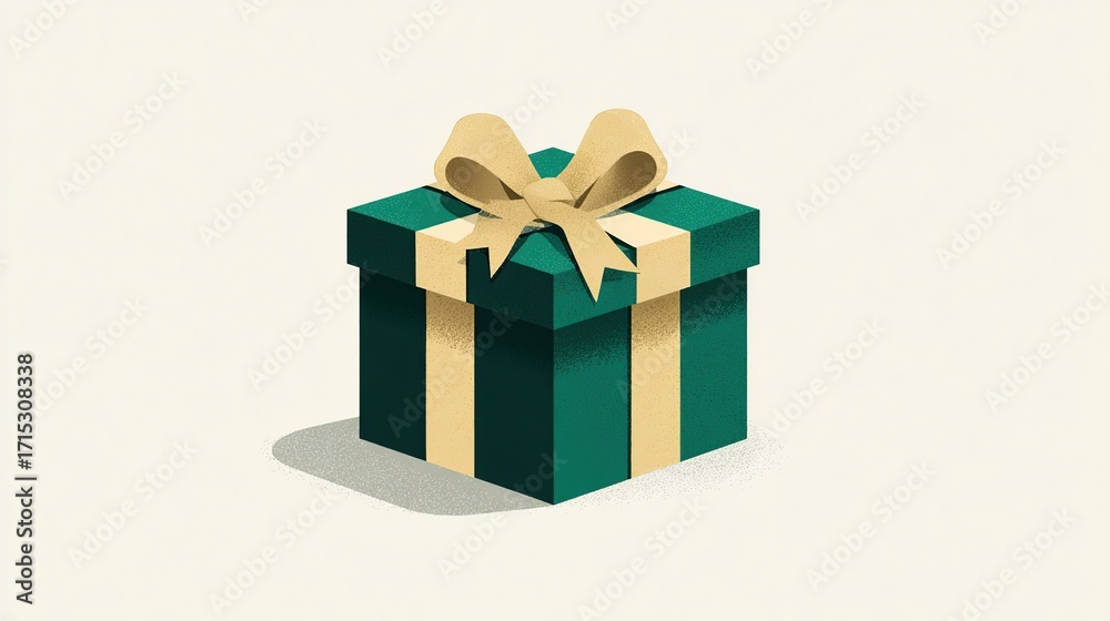 Obraz premium A teal gift box with a light beige ribbon bow sits on a light beige background