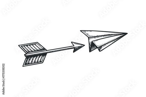 Arrow piercing a paper airplane sketch. Vector hand drawn