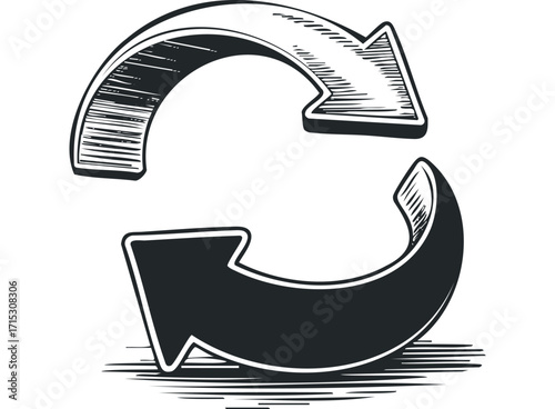 Two Circular Arrows with Hatching Detail. Vector hand drawn