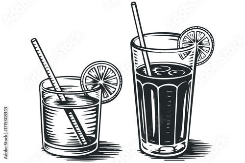 Black and White Vector Graphic of Two Drinks with Straws. Vector hand drawn