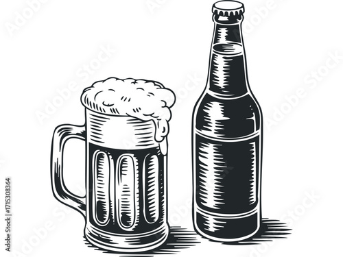 Full Beer Mug and Bottle with Foam Image. Vector hand drawn