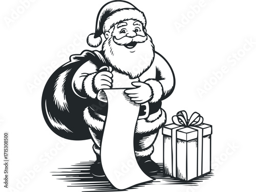 Santa Claus holding gift list and sack with present on transparent. Vector hand drawn