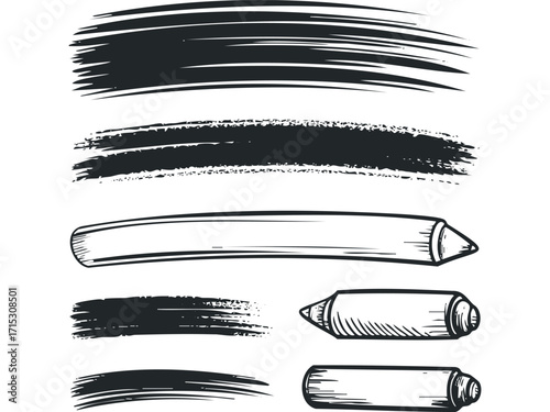 Ink brush strokes and pencils graphic elements. Vector hand drawn
