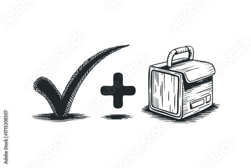Checkmark with Plus Symbol and Vintage Radio. Vector hand drawn
