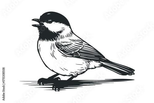 Black and white chickadee bird with open beak on transparent background. Vector hand drawn