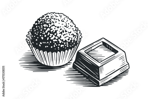 Textured confeito truffle and chocolate piece on transparent background. Vector hand drawn