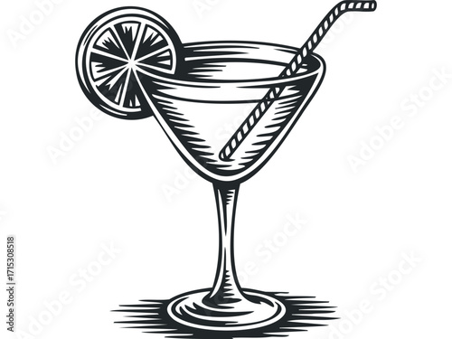 Cocktail glass with lime slice and straw on transparent background. Vector hand drawn