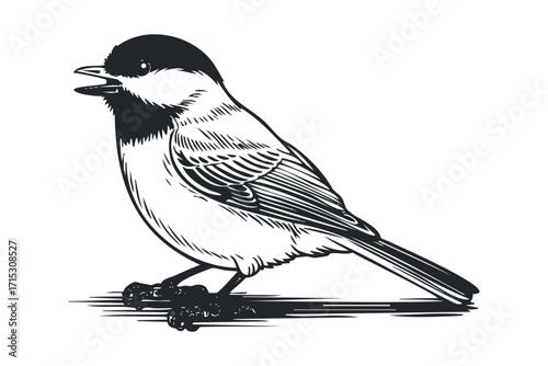 Black capped chickadee perched on twig graphic. Vector hand drawn