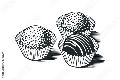 Confectionery sweets in paper wrappers, on transparent background. Vector hand drawn
