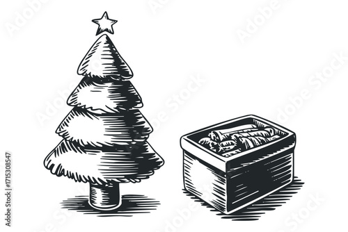 Hand drawn Christmas tree with star and gift box on transparent background. Vector hand drawn