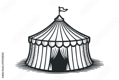 Vintage circus tent with flag on transparent background. Vector hand drawn