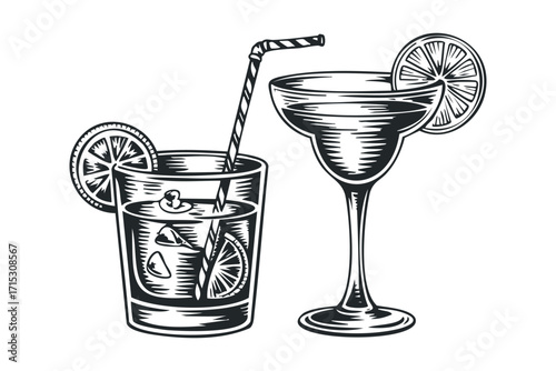 Black and white image of two cocktail drinks on transparent background. Vector hand drawn