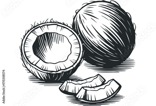 Whole and halved coconut with slices on transparent background. Vector hand drawn