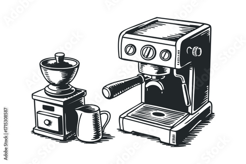 Espresso machine with grinder and milk jug. Vector hand drawn