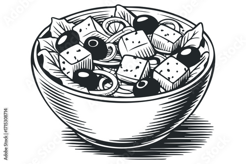 Salad with Feta Cheese and Olives on Transparent Background. Vector hand drawn