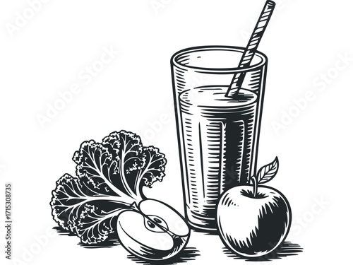 Glass of fresh apple juice with kale and apple on white. Vector hand drawn