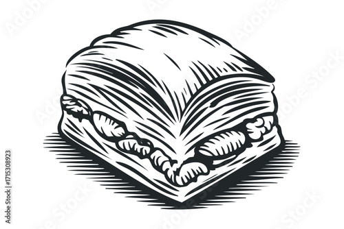 Layered pastry treat with nuts and syrup on transparent. Vector hand drawn