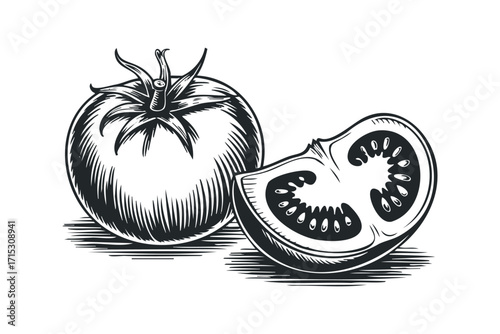 Whole tomato and slice, graphic engraving style. Vector hand drawn